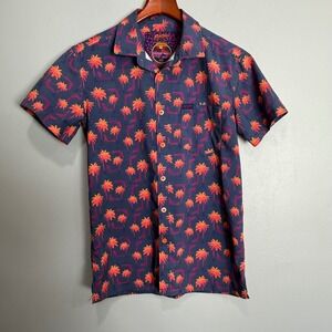Retro Rifle Rising Palm Mens XS Navy Orange Synthwave Gun Print Button Up‎ Shirt